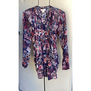 Style & Co Sheer Floral Blouse Tunic Top Red Multi Button Up Waist Tie Sz Small